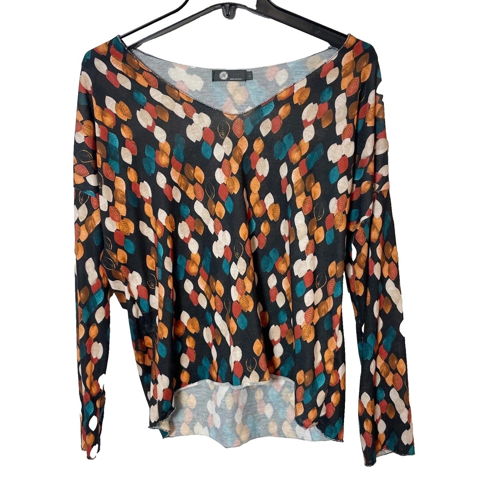 M Made in Italy Long Sleeve Blouse Top Womens Size L Multicolor V-Neck High Low